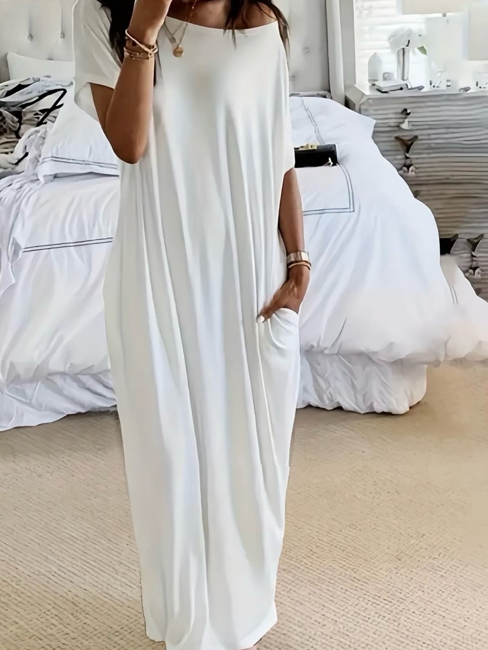 Women’s Off-Shoulder White Maxi Lounge Dress with Pockets